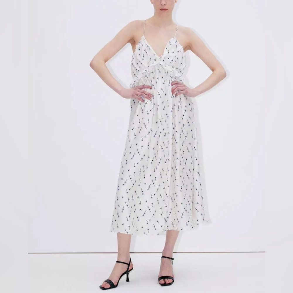 Silky Floral Ruffle Midi Dress White Feminine Adjustable straps size zip Small